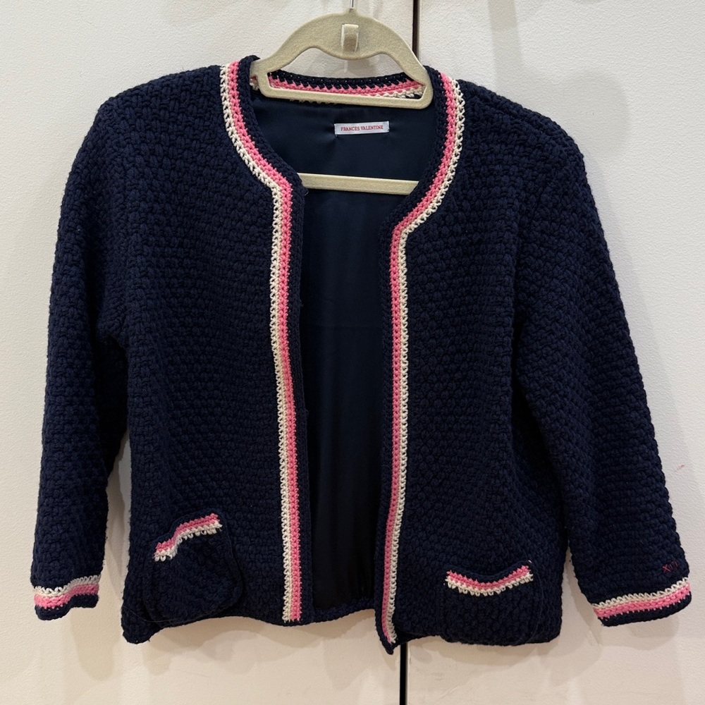 Frances Valentine Navy Angie Boarder Crochet Cardigan-Coat XS